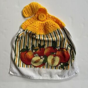 vintage Crochet Hanging Kitchen towel peaches fruit yellow cotton mcm Retro 70s